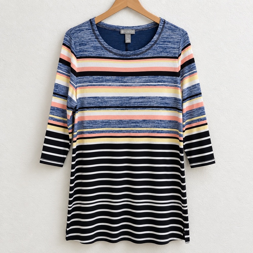 T by Talbots Women XL Striped 3/4 Sleeve Midi Dress Blue Pink Yellow Black